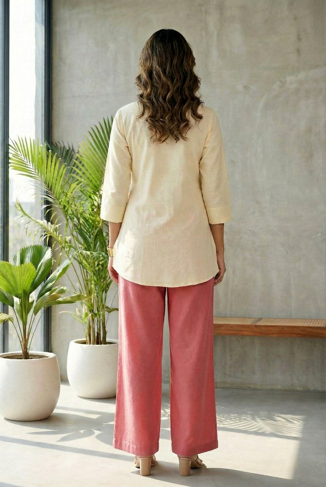 Neerus Pink cotton thread embroidered suit set - side view