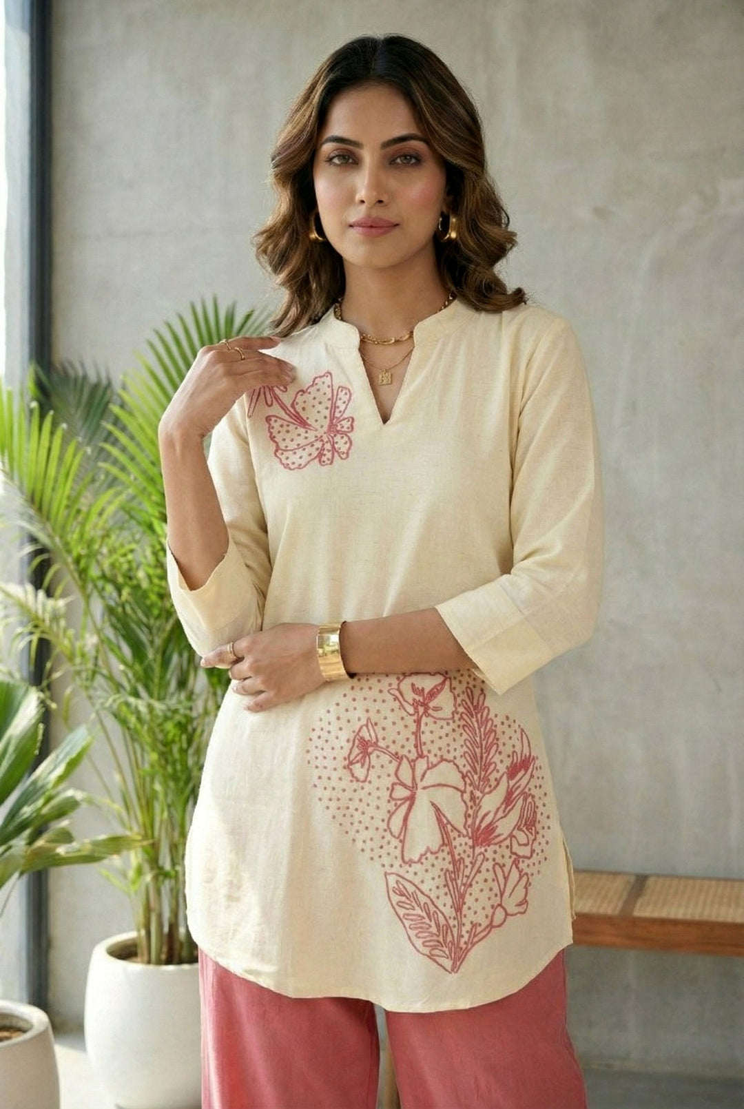 Neerus Pink cotton thread embroidered suit set - detail view 1