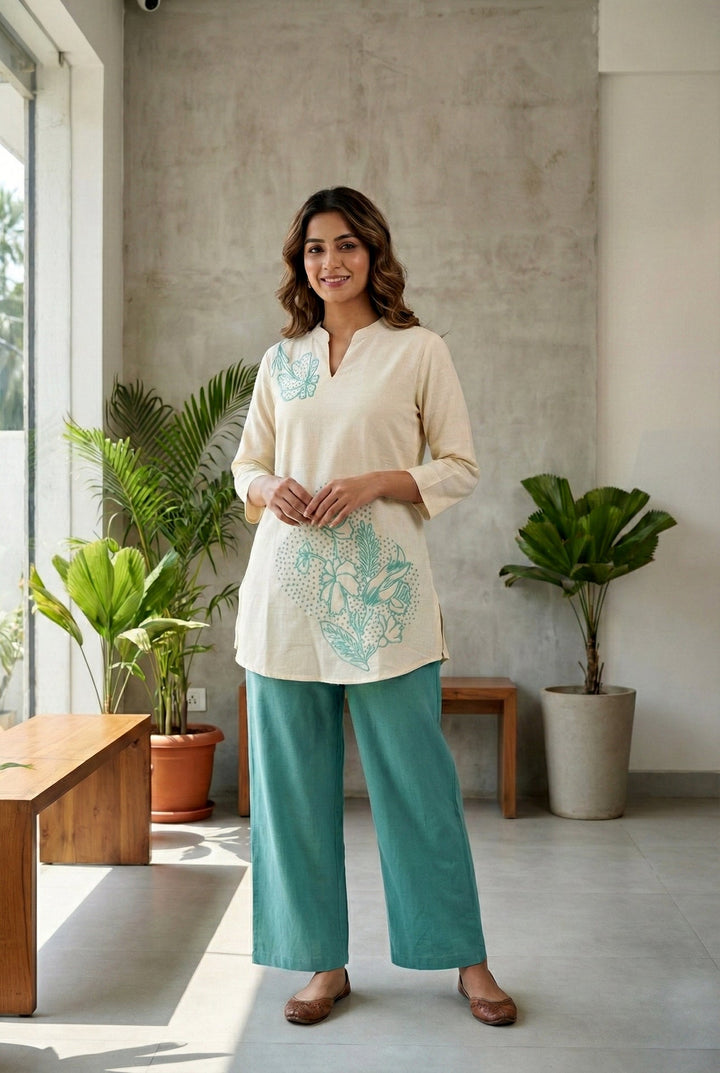 Neerus Green cotton thread embroidered suit set - front view