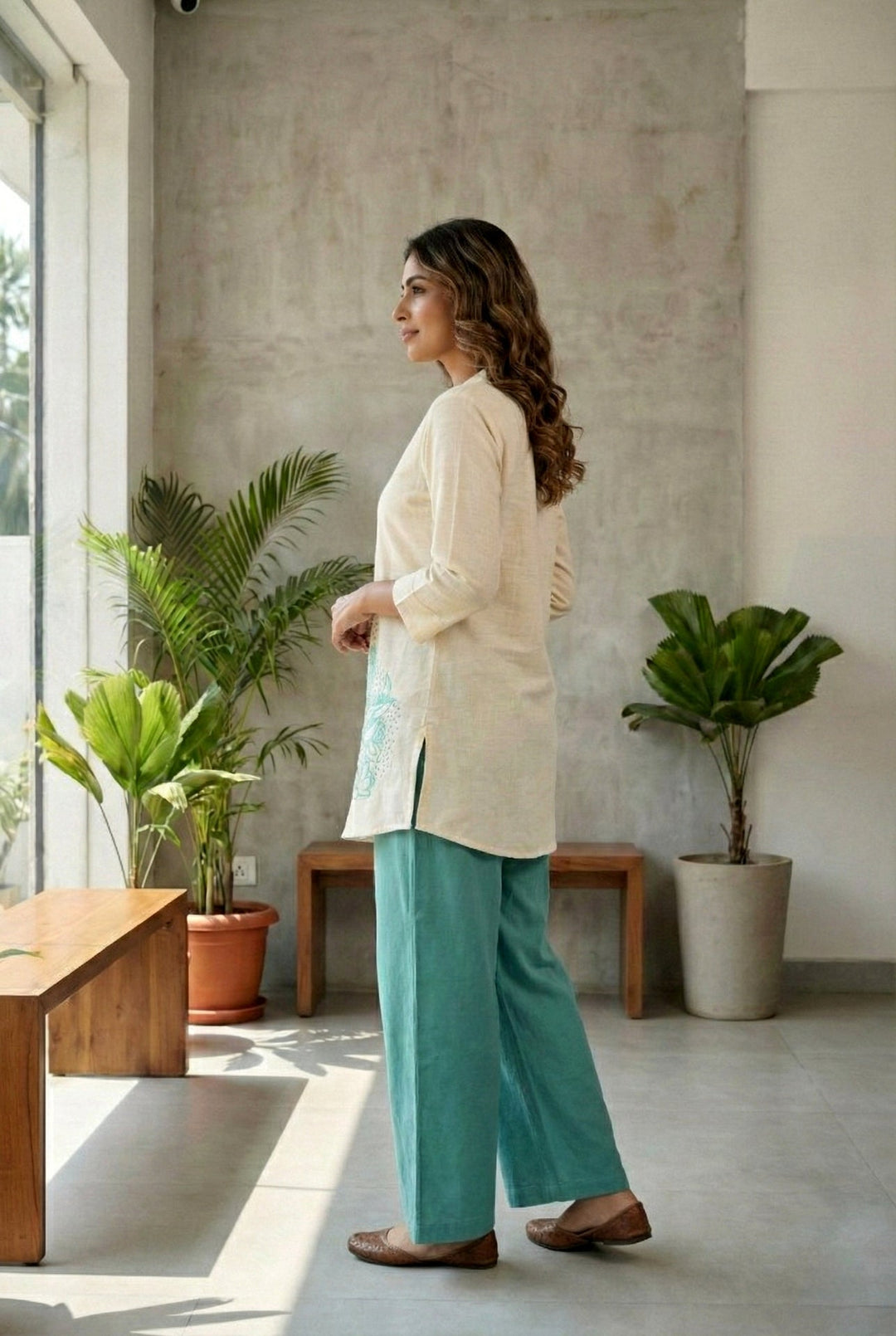 Neerus Green cotton thread embroidered suit set - back view