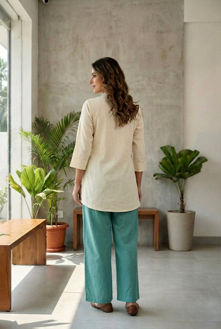 Neerus Green cotton thread embroidered suit set - side view