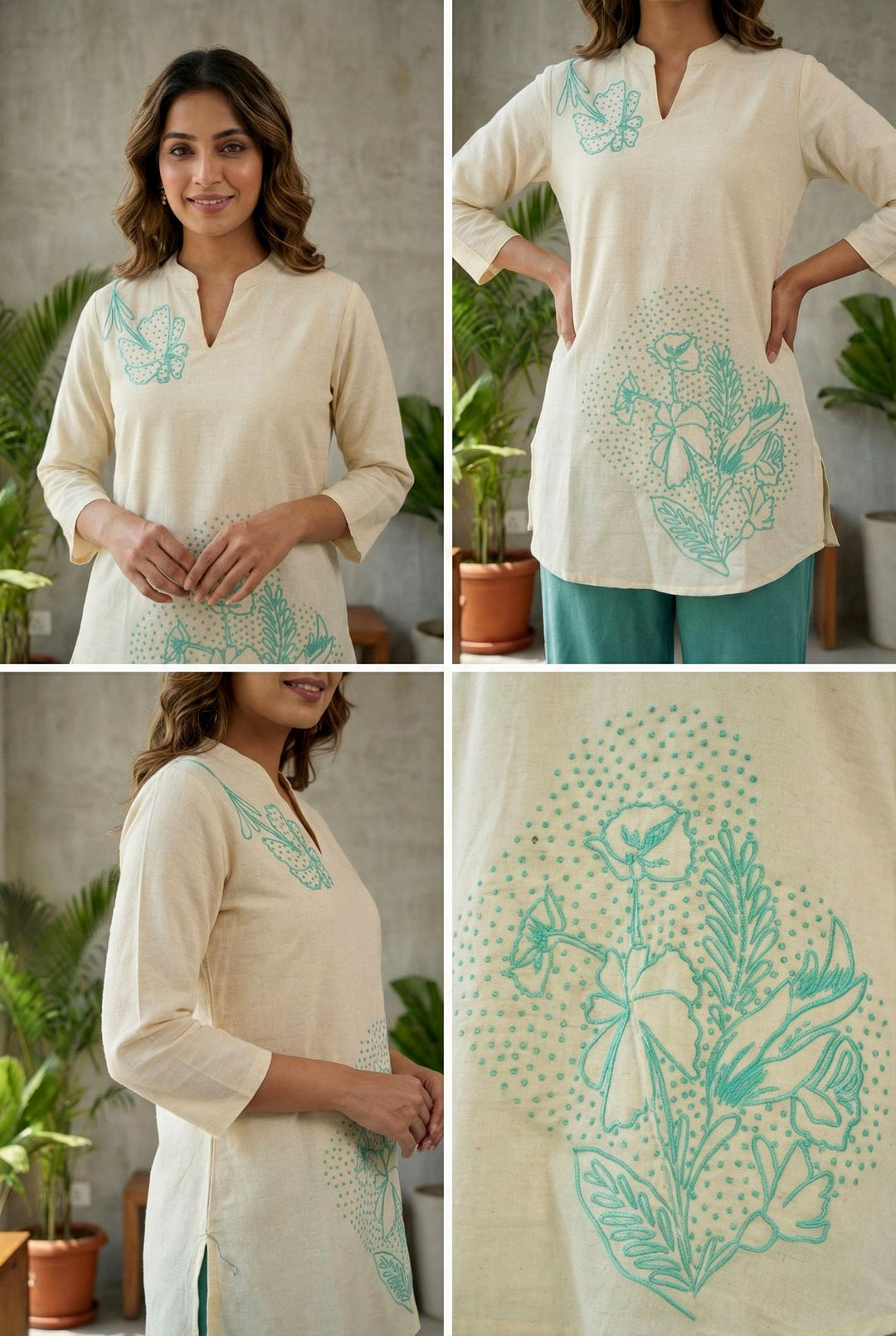 Neerus Green cotton thread embroidered suit set - detail view 1