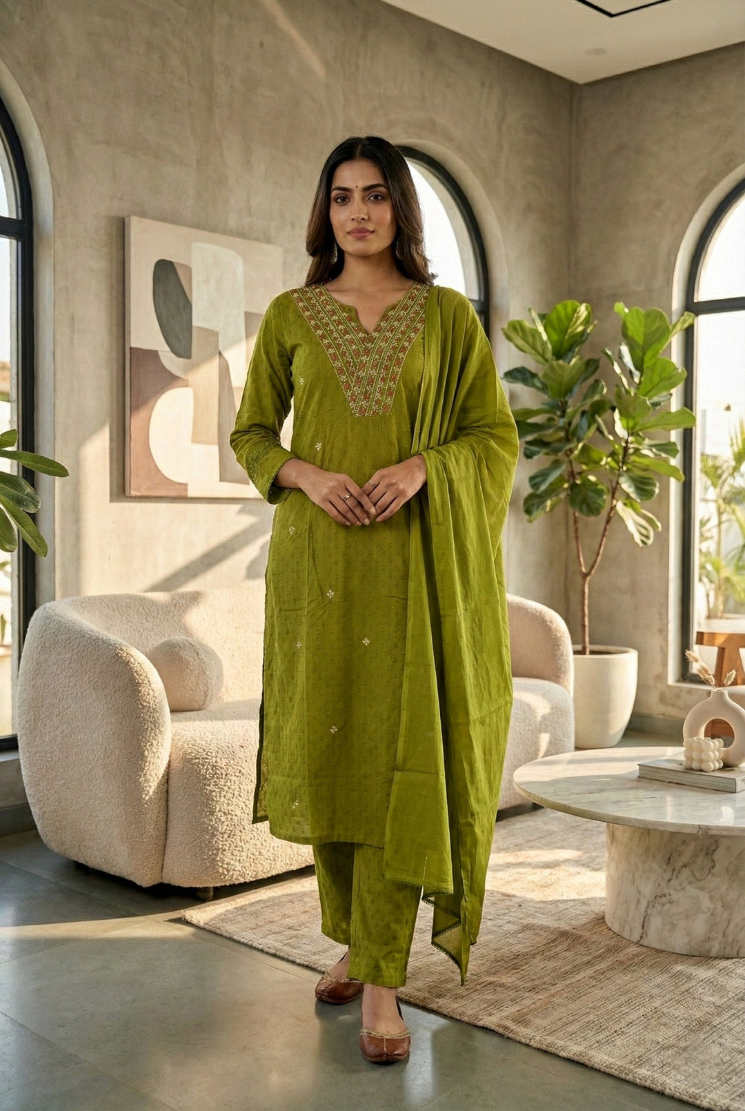 Neerus Green cotton thread embroidered suit set - front view