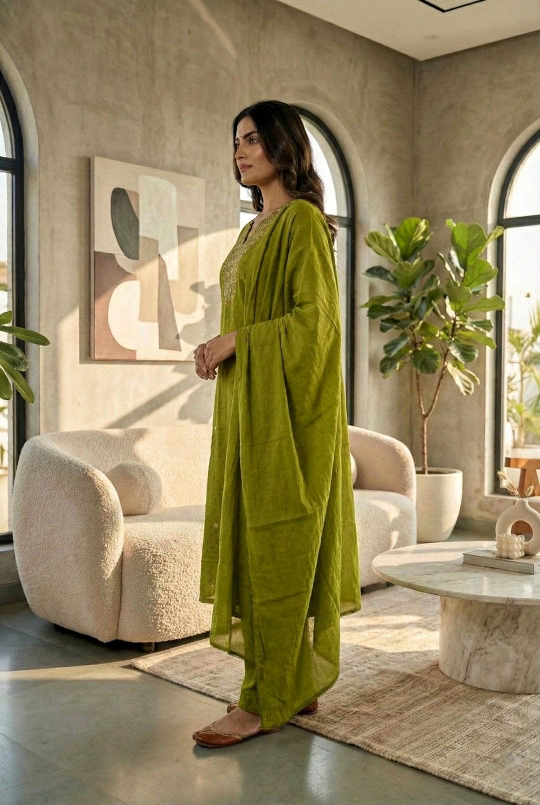 Neerus Green cotton thread embroidered suit set - back view