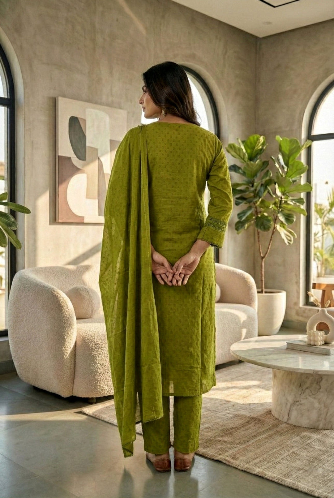 Neerus Green cotton thread embroidered suit set - side view