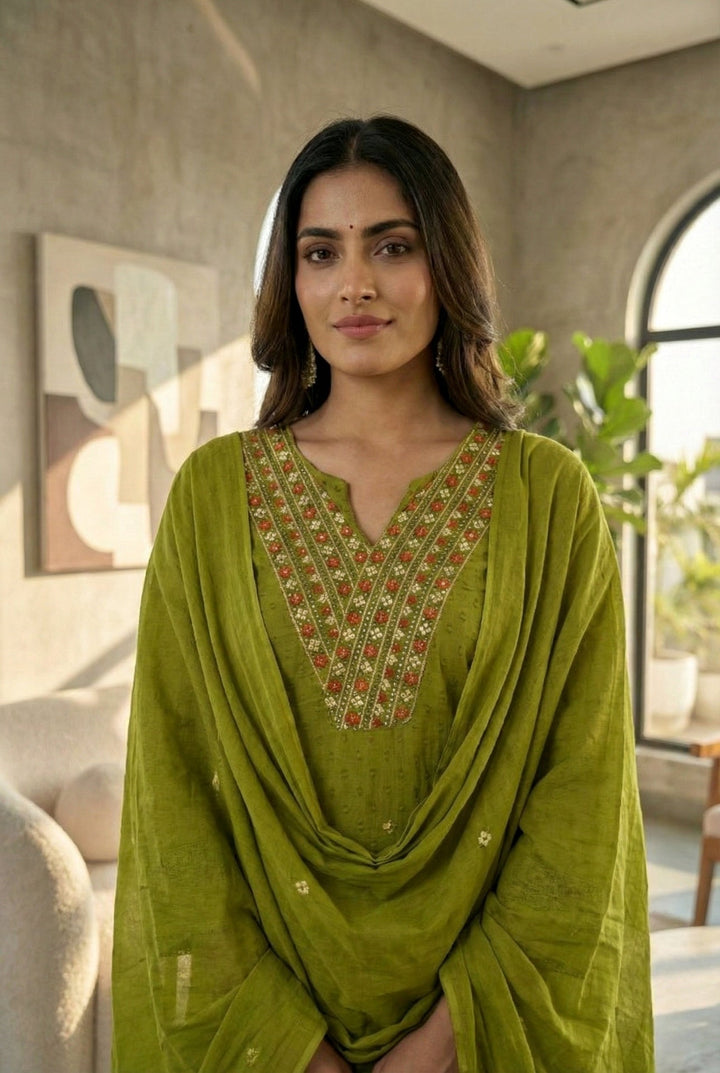 Neerus Green cotton thread embroidered suit set - detail view 1