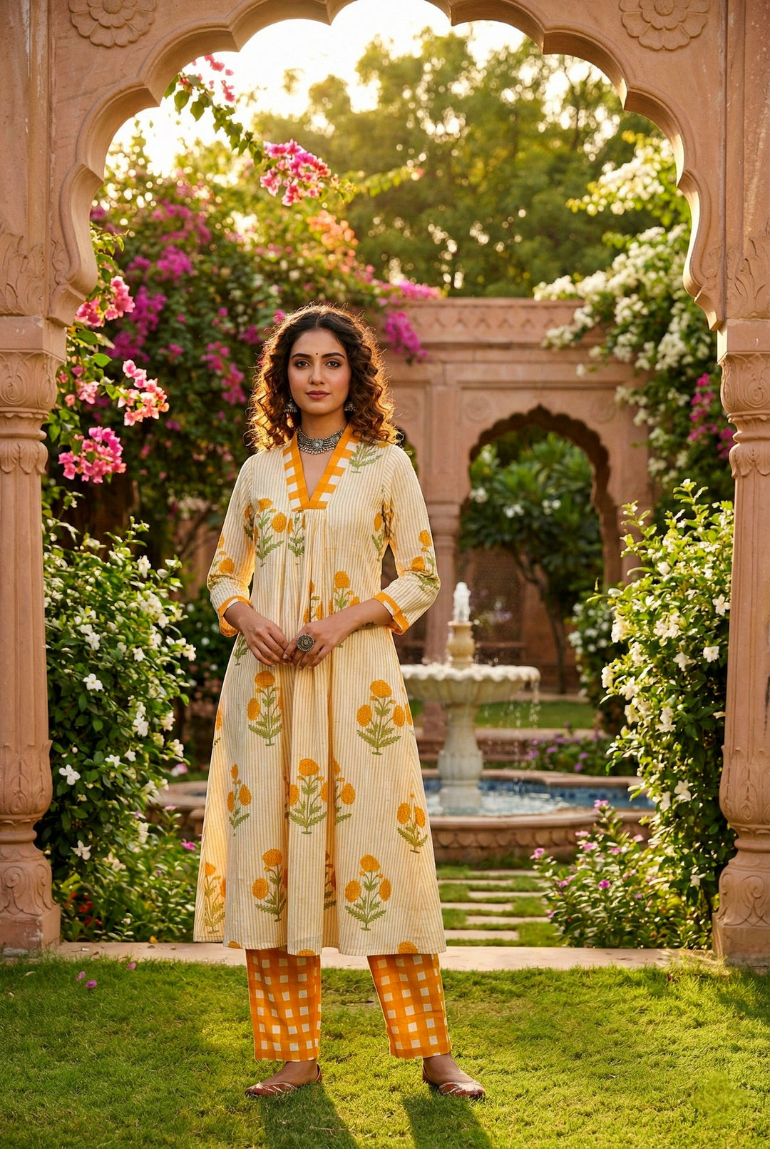 Neerus Yellow cotton striped co-ord set - front view