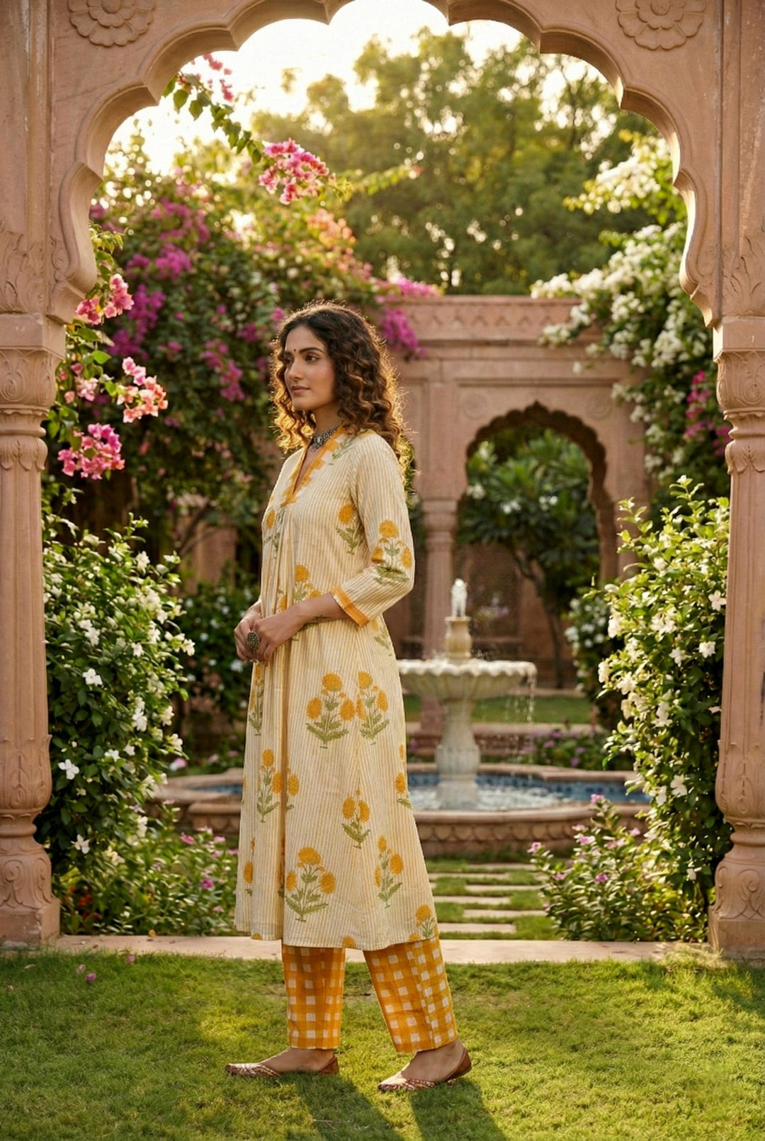 Neerus Yellow cotton striped co-ord set - back view