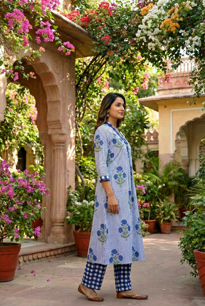 Neerus Blue cotton striped suit set - back view
