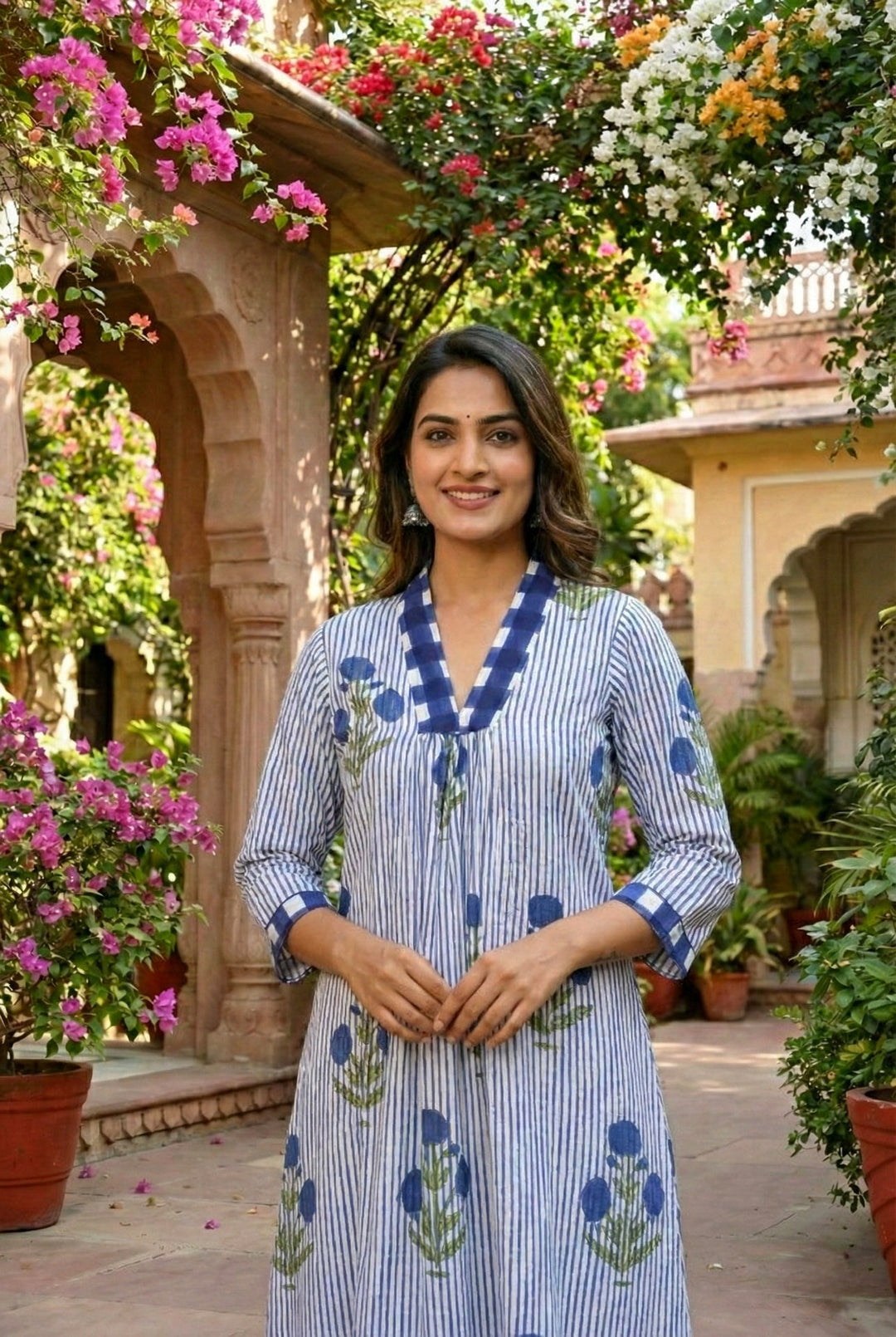 Neerus Blue cotton striped suit set - side view