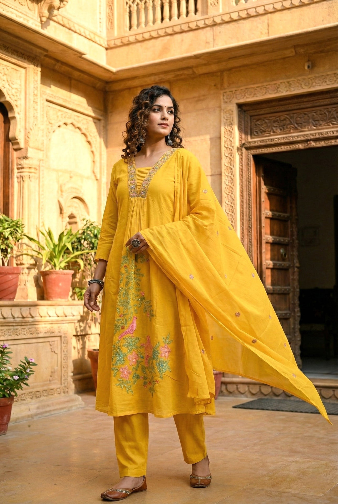 Neerus Yellow cotton hand embroidered suit set - front view