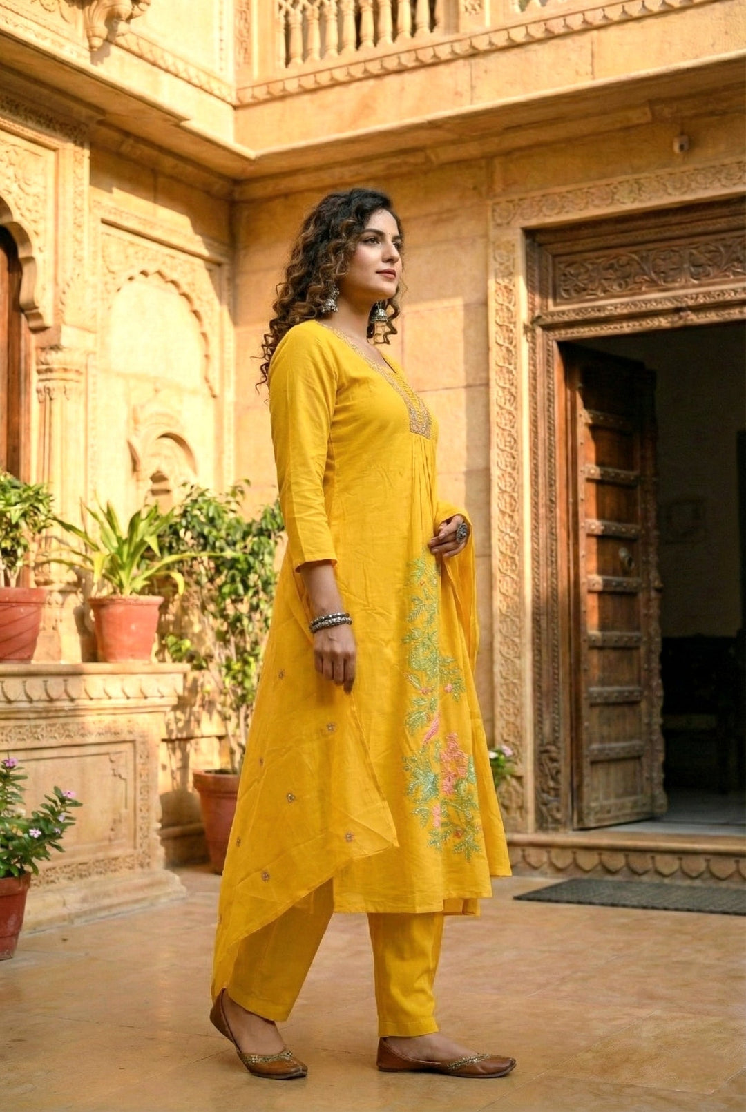 Neerus Yellow cotton hand embroidered suit set - back view