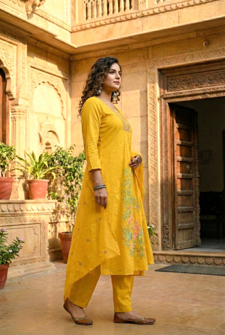Neerus Yellow cotton hand embroidered suit set - back view