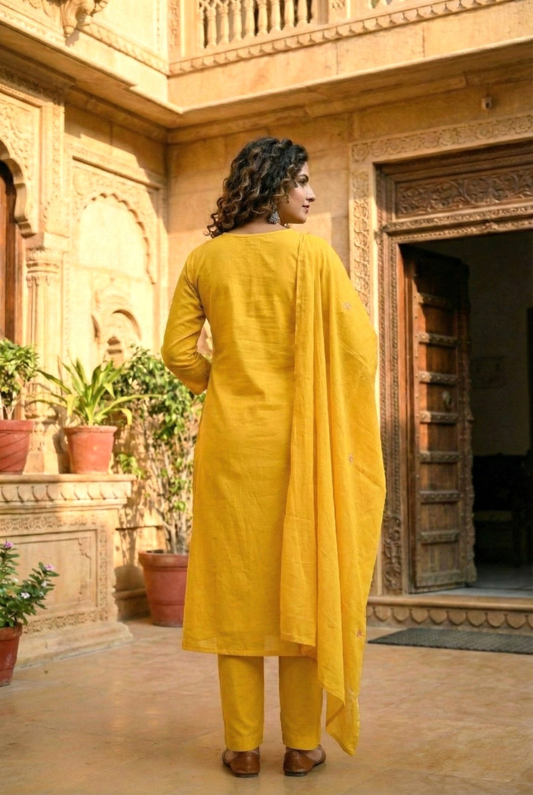 Neerus Yellow cotton hand embroidered suit set - side view