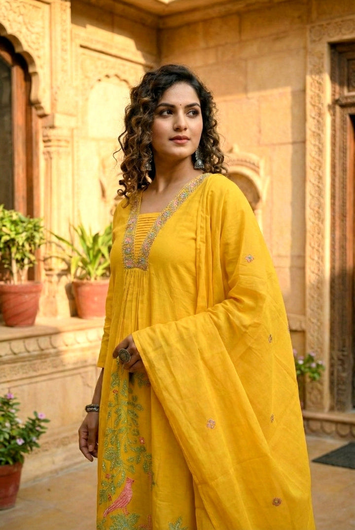 Neerus Yellow cotton hand embroidered suit set - detail view 1