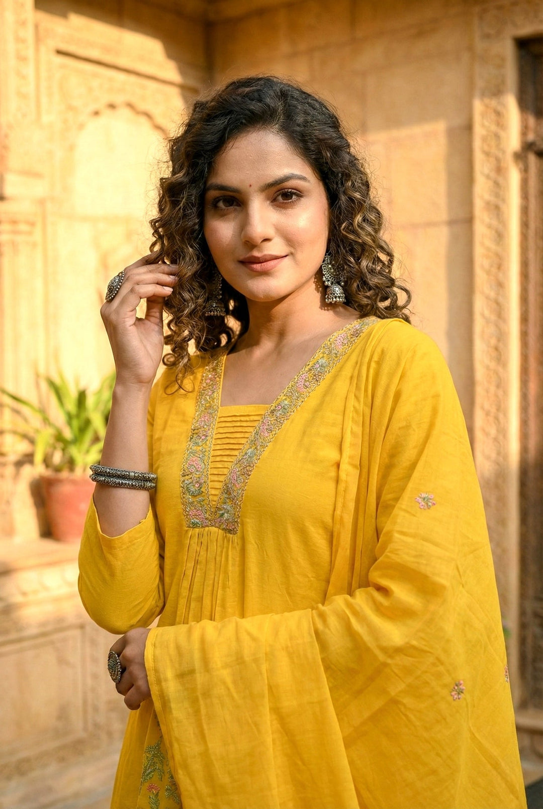 Neerus Yellow cotton hand embroidered suit set - detail view 2