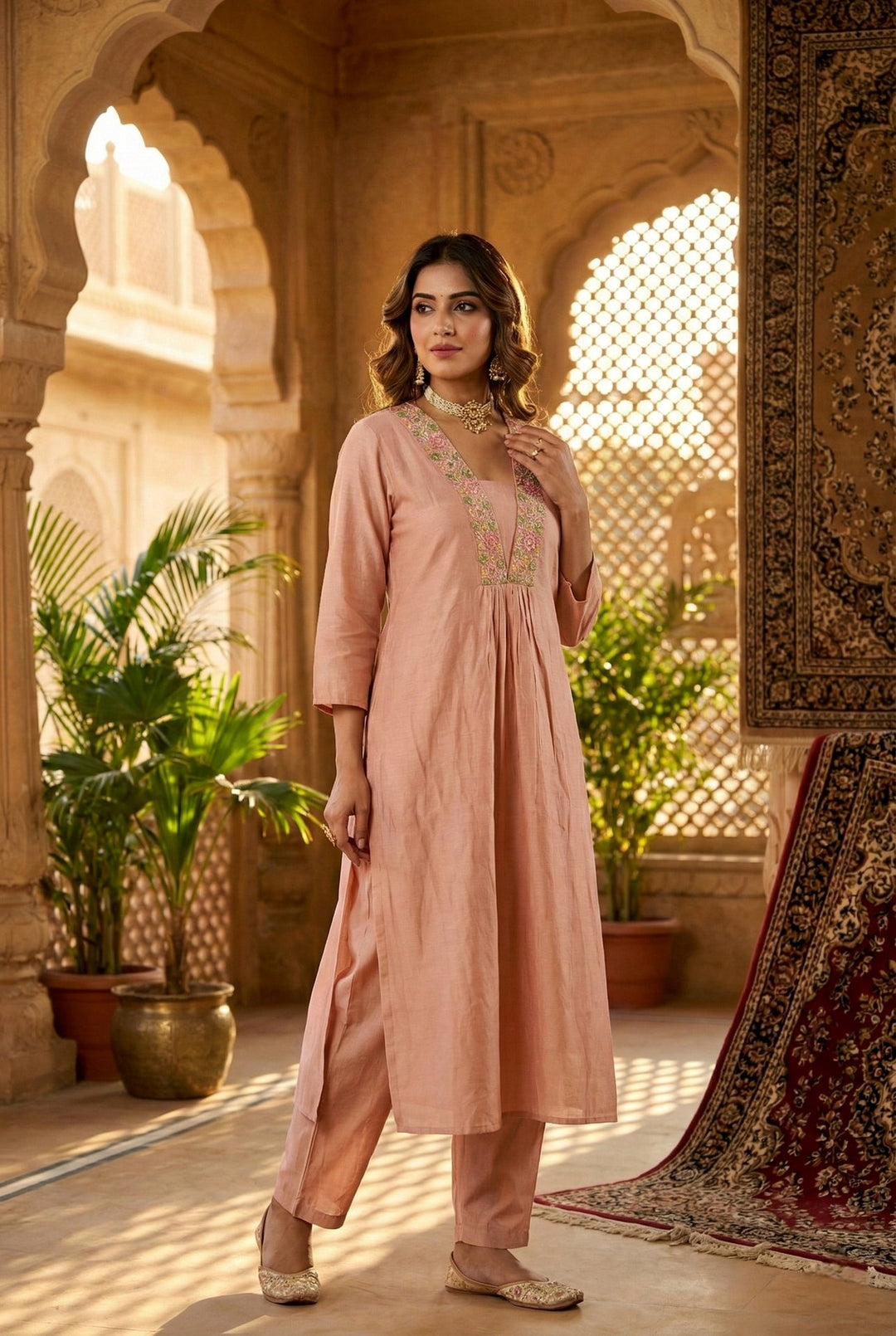 Neerus Pink muslin solid co-ord set - front view