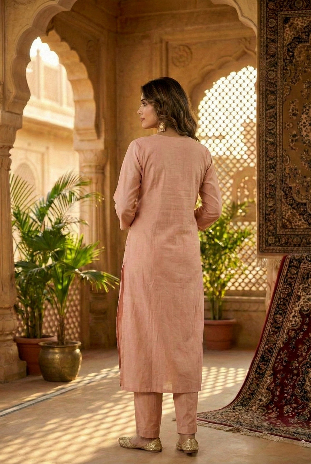 Neerus Pink muslin solid co-ord set - side view
