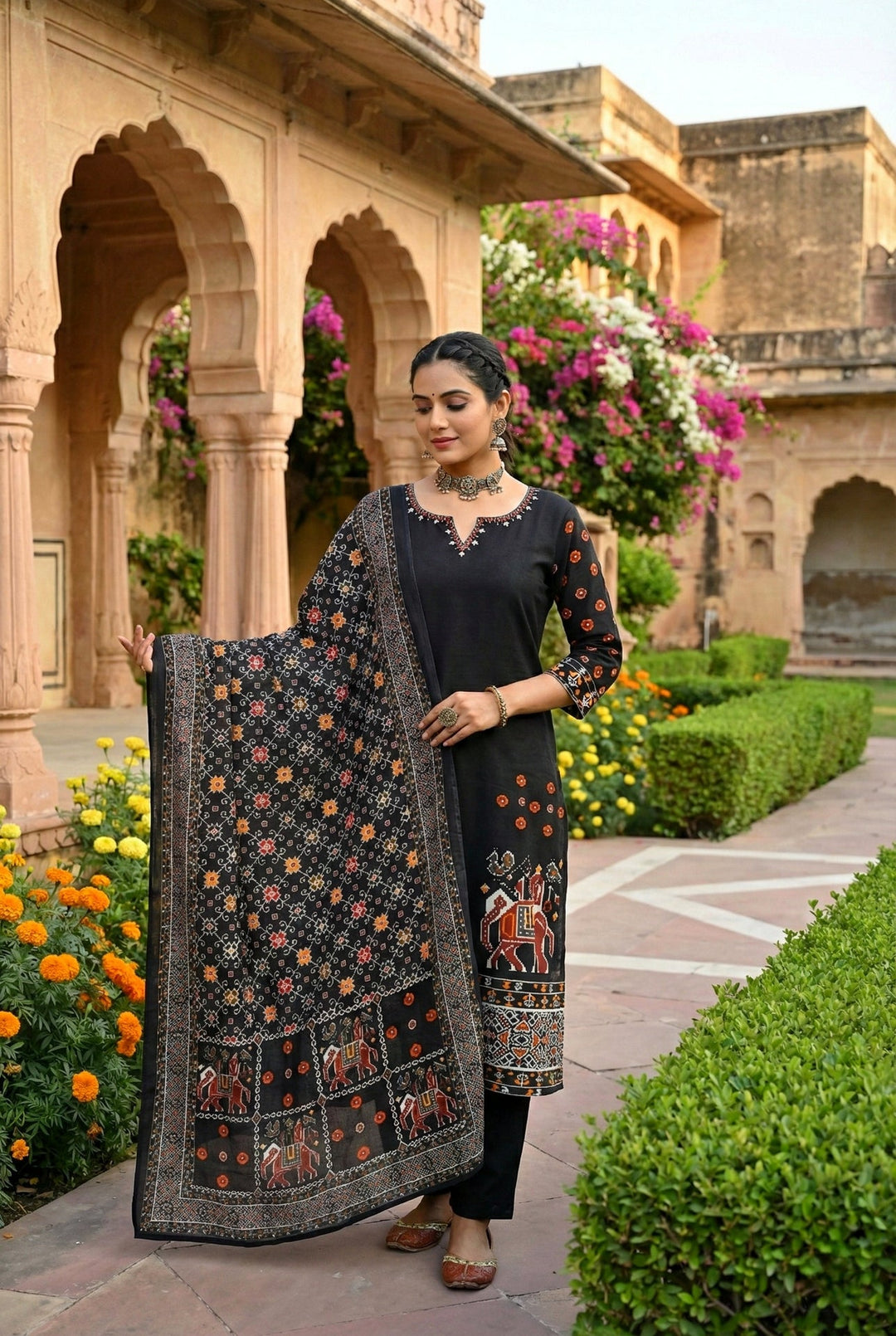 Neerus Black silk hand embroidered suit set - front view
