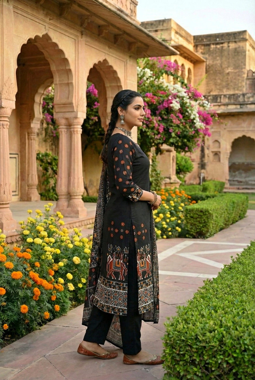 Neerus Black silk hand embroidered suit set - back view