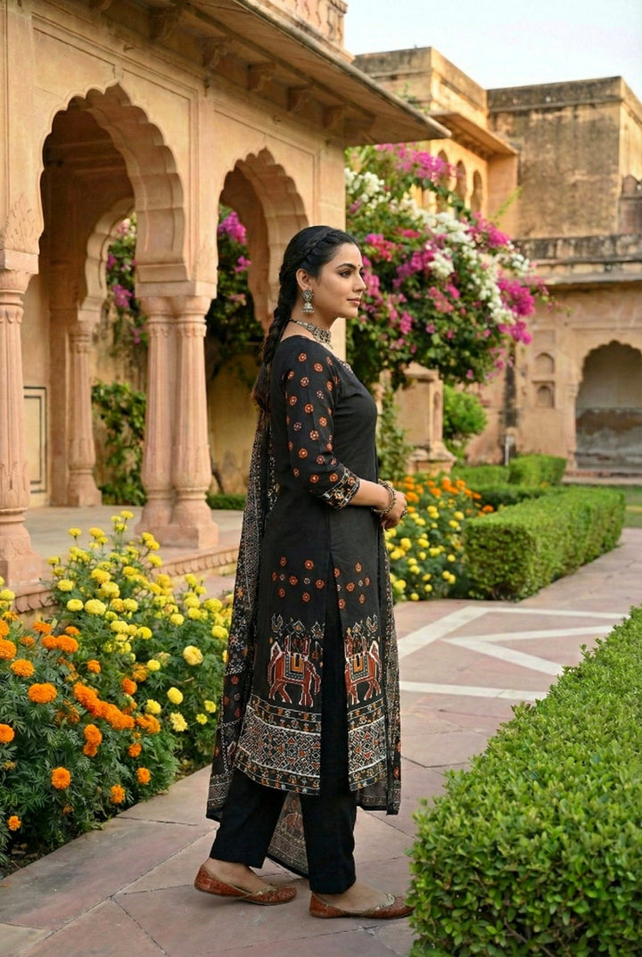 Neerus Black silk hand embroidered suit set - back view