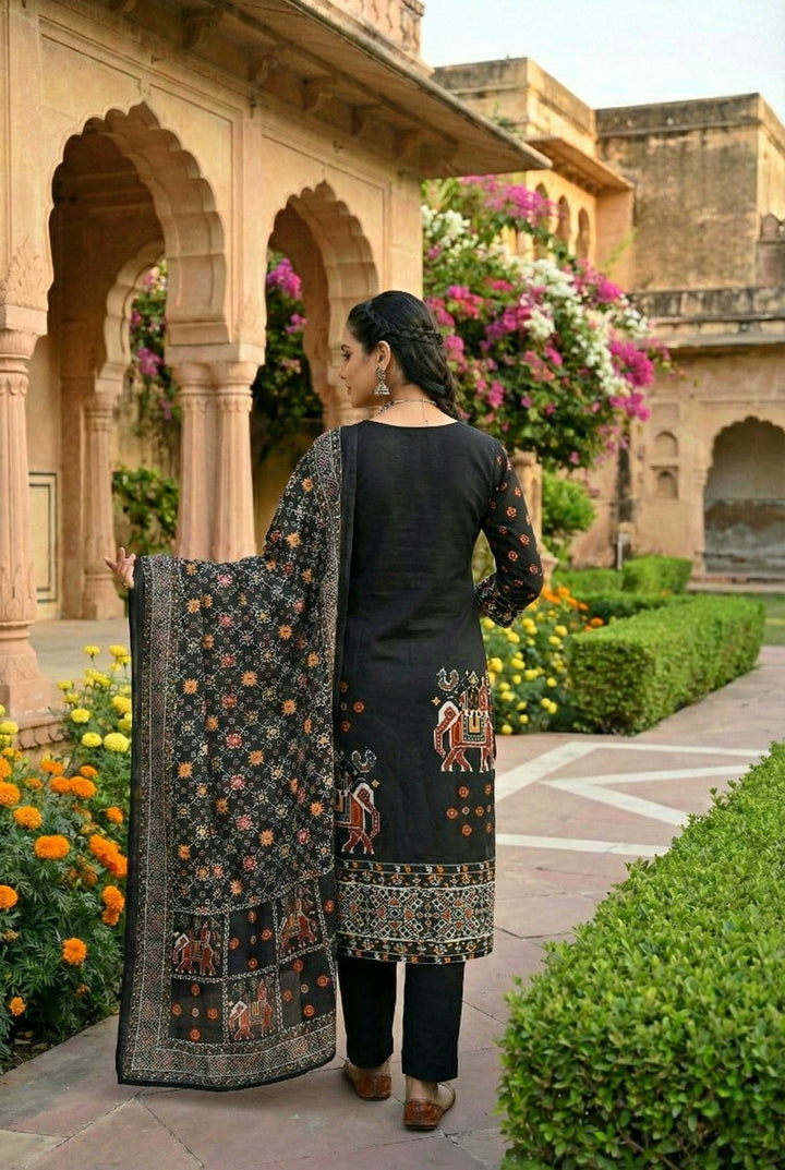 Neerus Black silk hand embroidered suit set - side view
