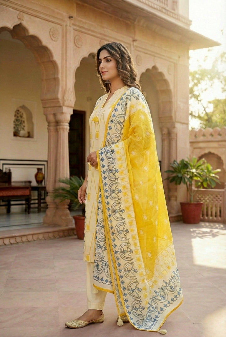 Neerus Yellow silk digital printed suit set - back view
