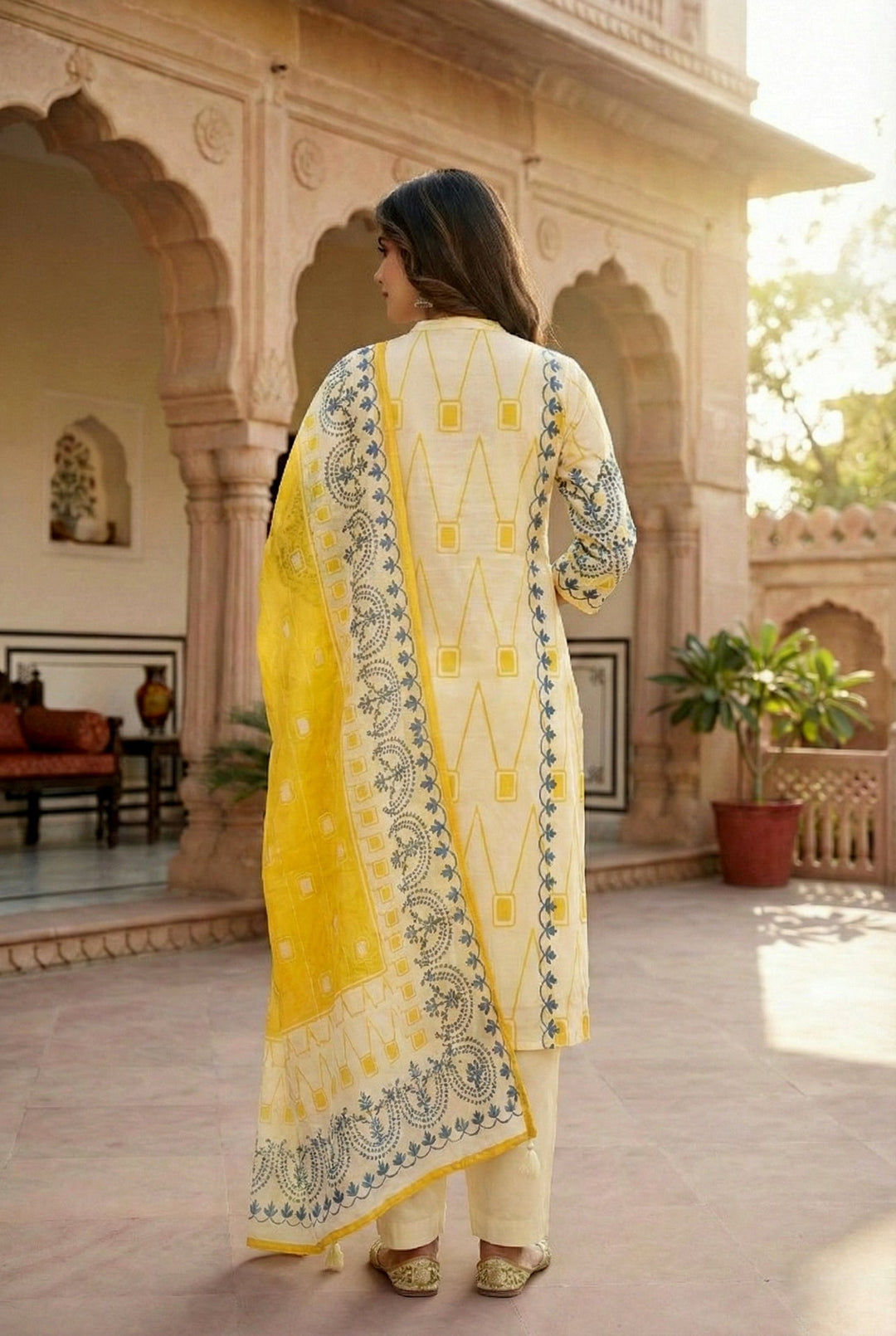 Neerus Yellow silk digital printed suit set - side view