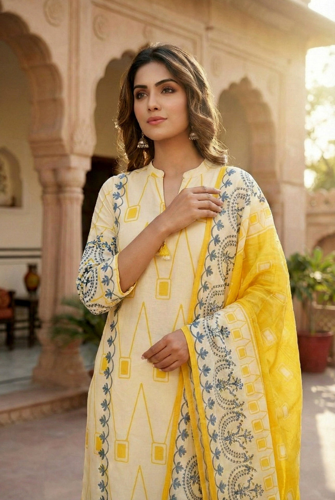 Neerus Yellow silk digital printed suit set - detail view 1