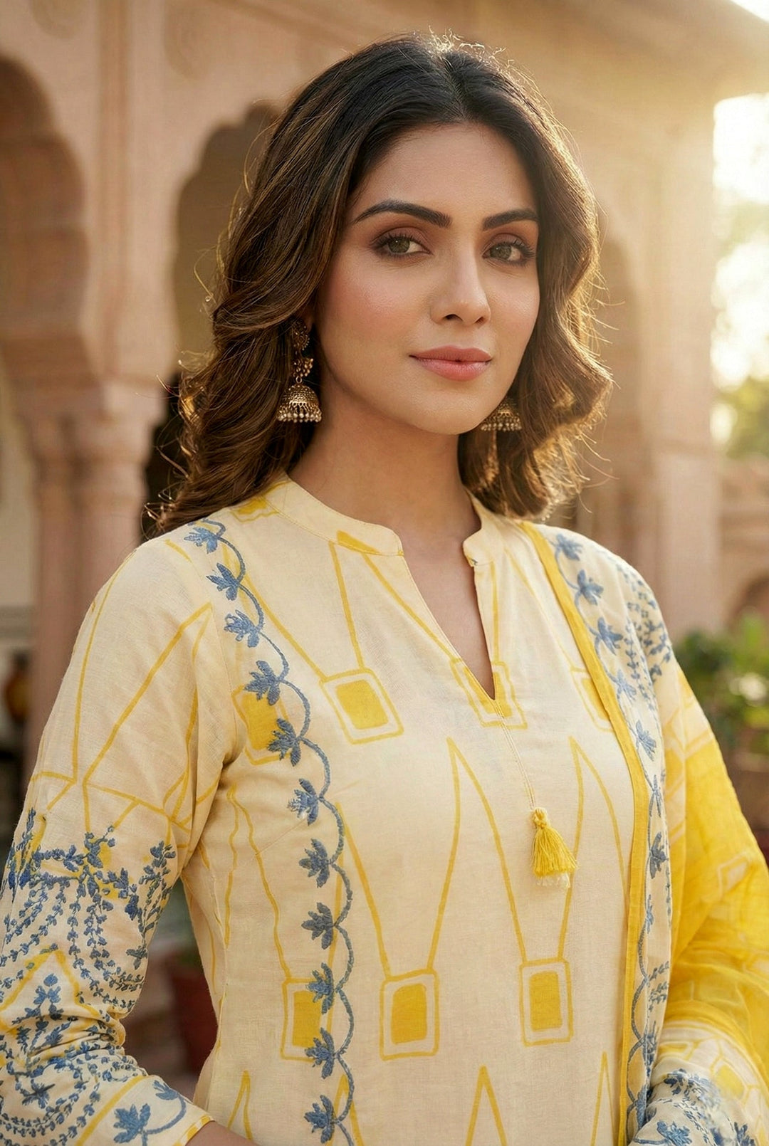 Neerus Yellow silk digital printed suit set - detail view 2