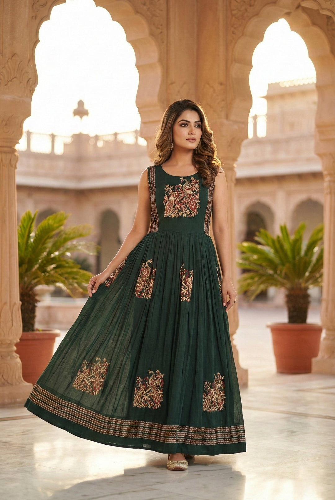 Neerus Green Chinon Hand Embroidered Maxi Dress - front view