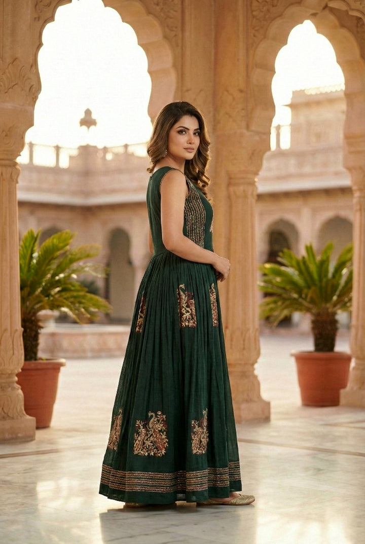 Neerus Green Chinon Hand Embroidered Maxi Dress - back view