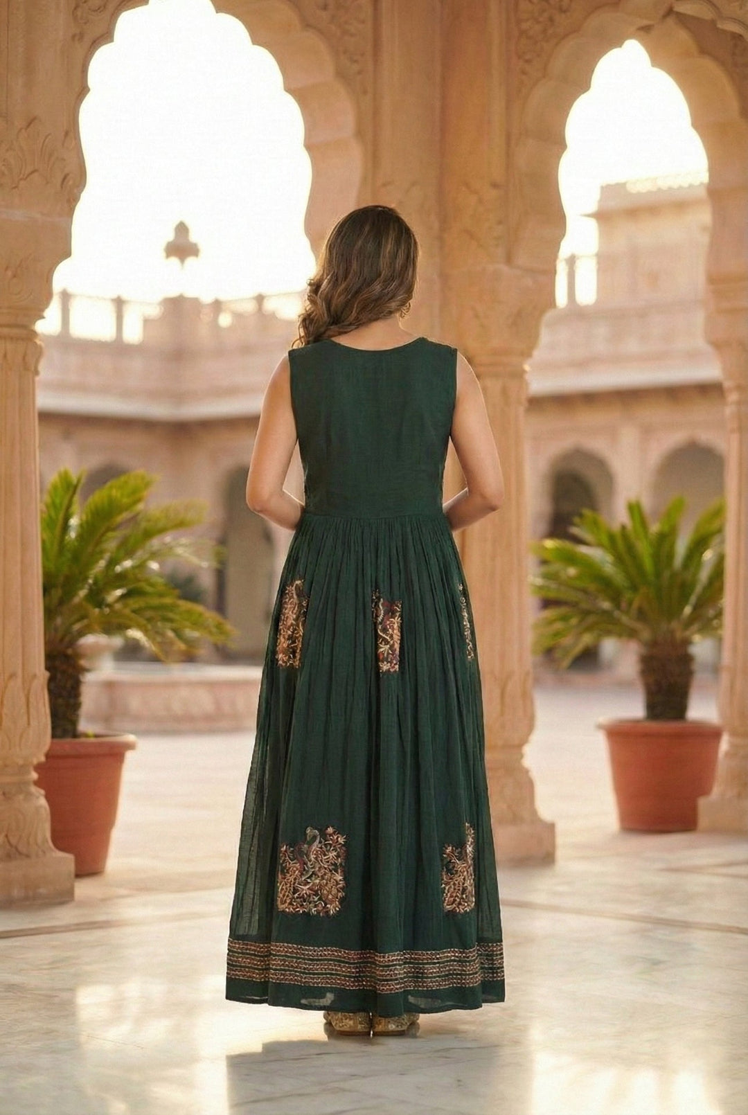 Neerus Green Chinon Hand Embroidered Maxi Dress - side view
