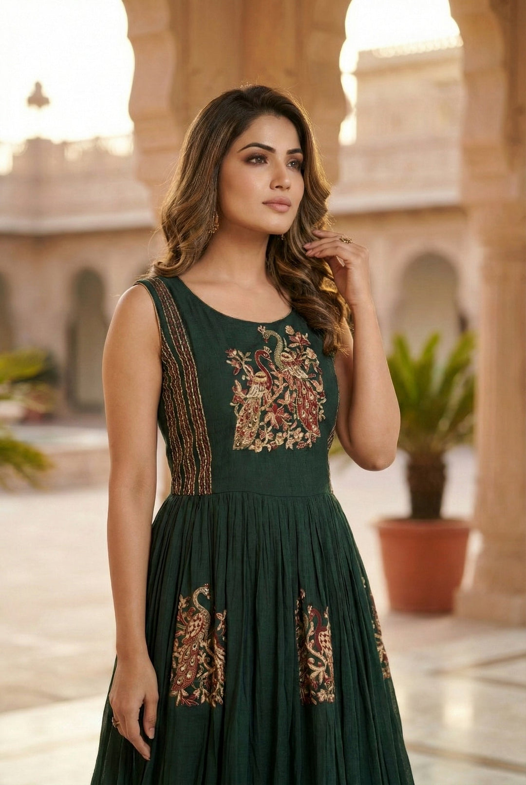 Neerus Green Chinon Hand Embroidered Maxi Dress - detail view 2