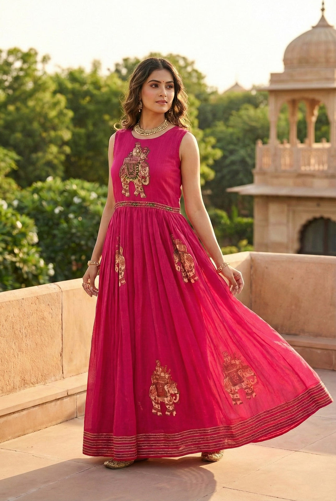Neerus Pink Chinon Hand Embroidered Maxi Dress - front view