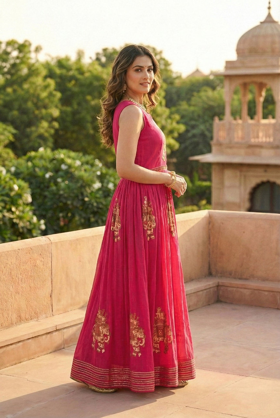 Neerus Pink Chinon Hand Embroidered Maxi Dress - back view