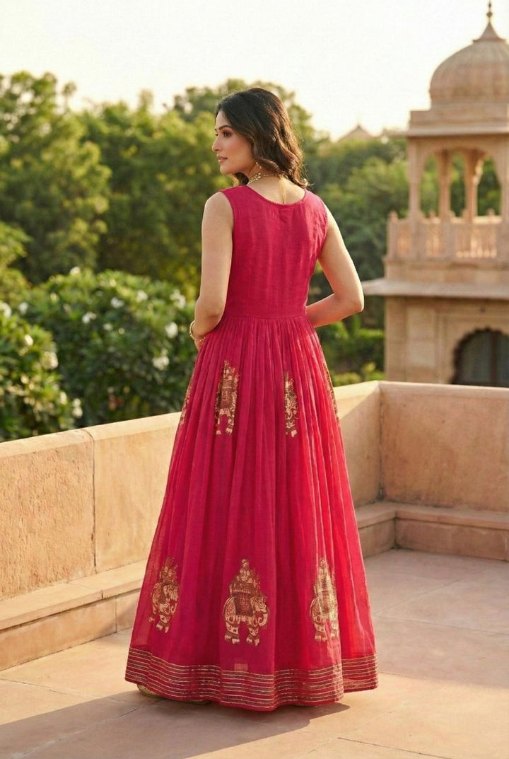Neerus Pink Chinon Hand Embroidered Maxi Dress - side view