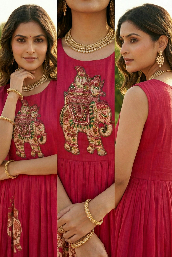 Neerus Pink Chinon Hand Embroidered Maxi Dress - detail view 1