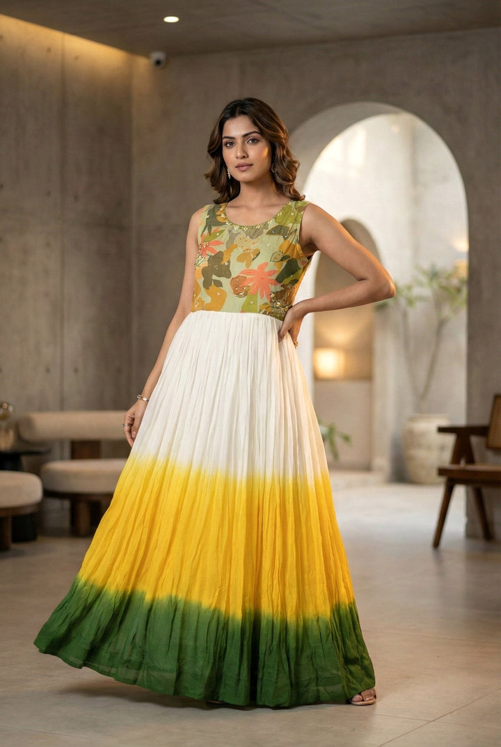 Neerus Yellow Chinon Digital Printed Maxi Dress - front view