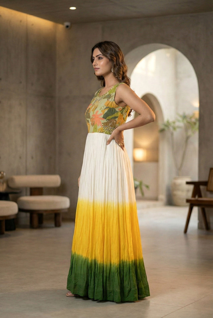Neerus Yellow Chinon Digital Printed Maxi Dress - back view