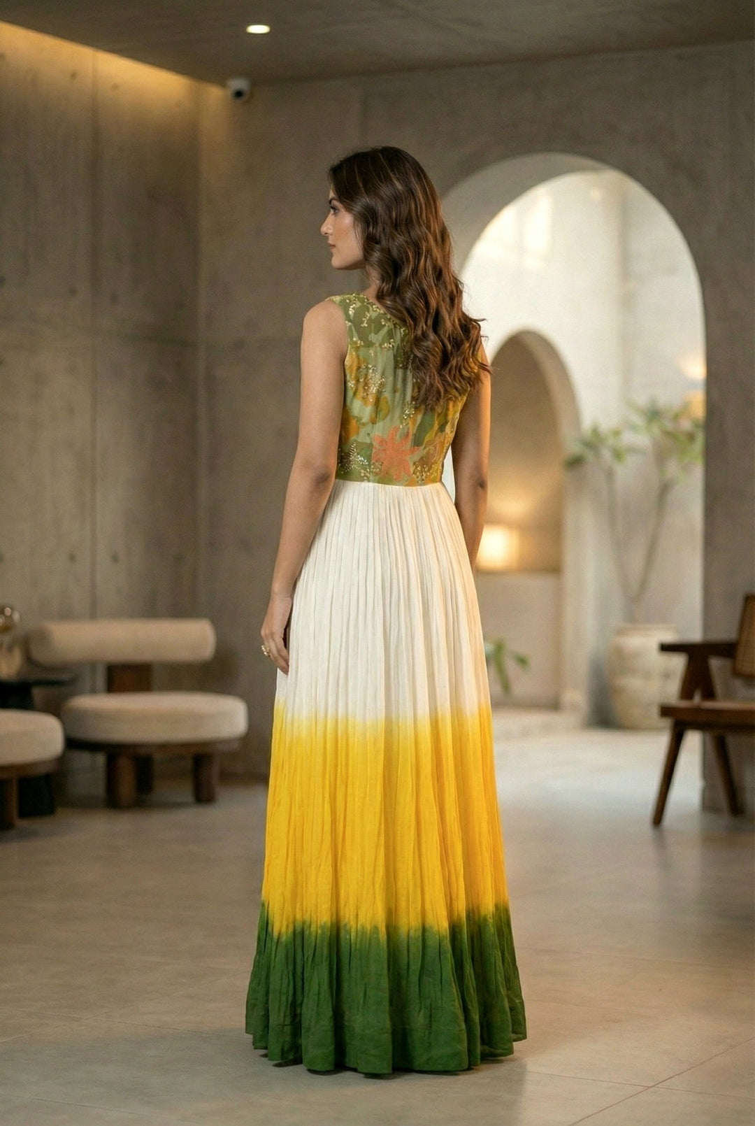 Neerus Yellow Chinon Digital Printed Maxi Dress - side view
