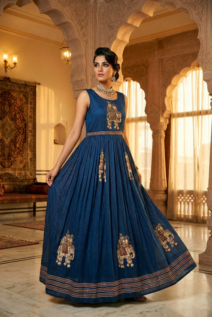 Neerus Blue Chinon Embellished Maxi Dress - front view