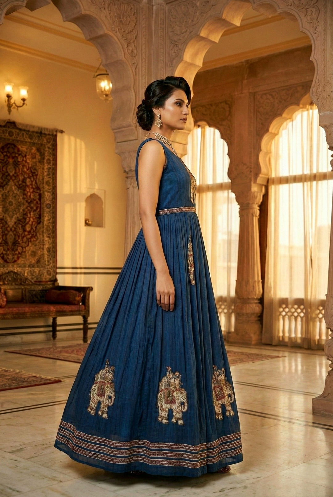 Neerus Blue Chinon Embellished Maxi Dress - back view