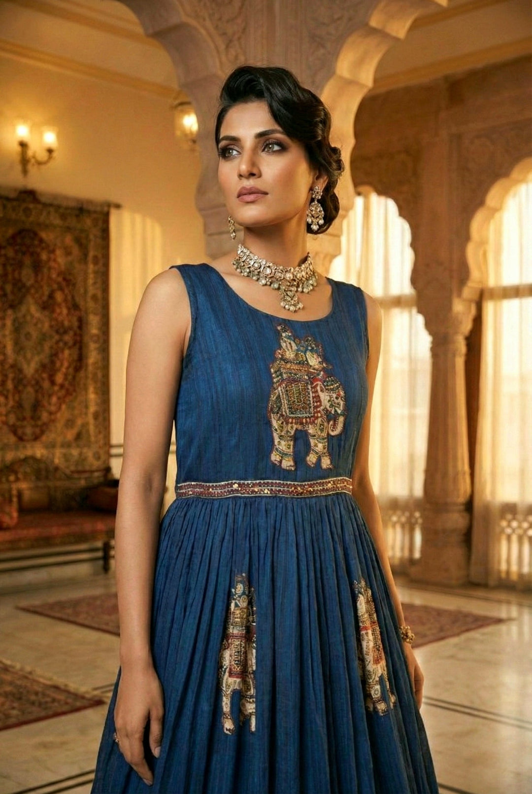 Neerus Blue Chinon Embellished Maxi Dress - detail view 2