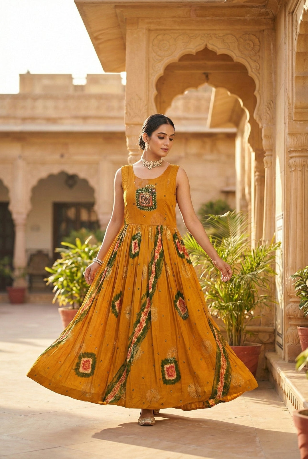 Neerus Gold chinon embellished ethnic dress - front view