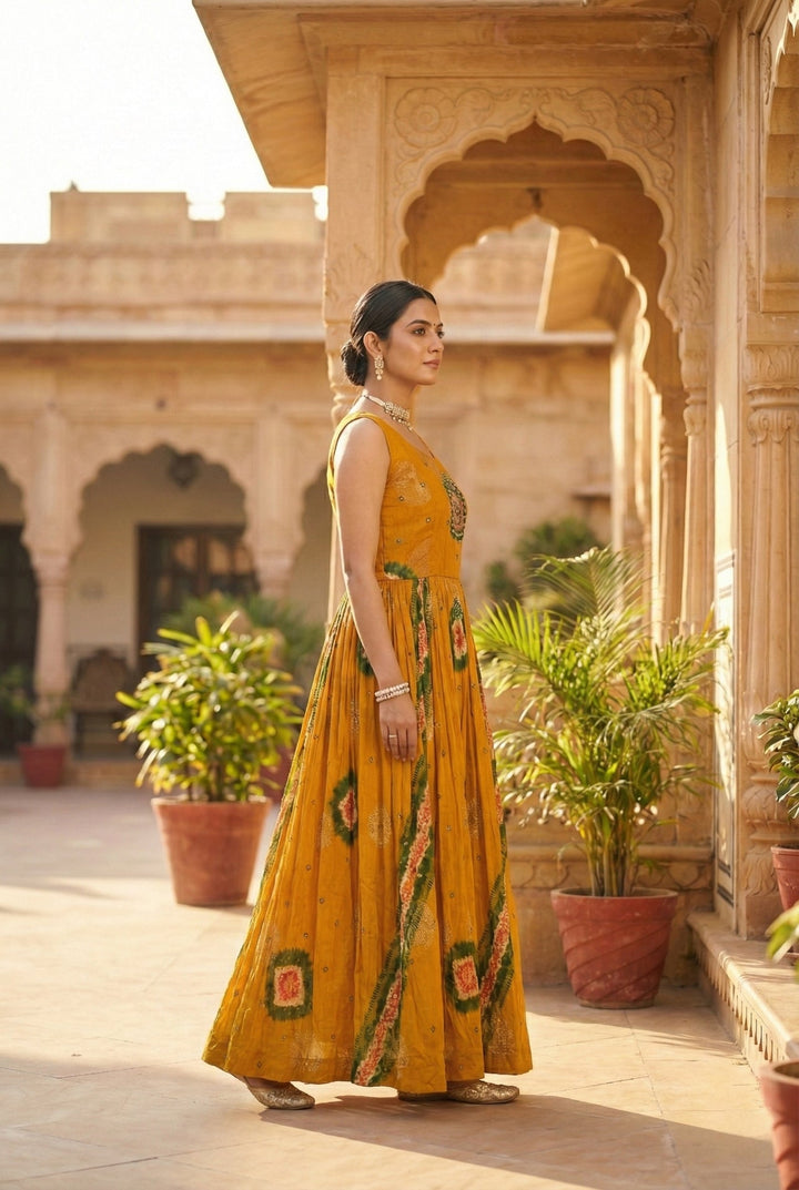 Neerus Gold chinon embellished ethnic dress - back view