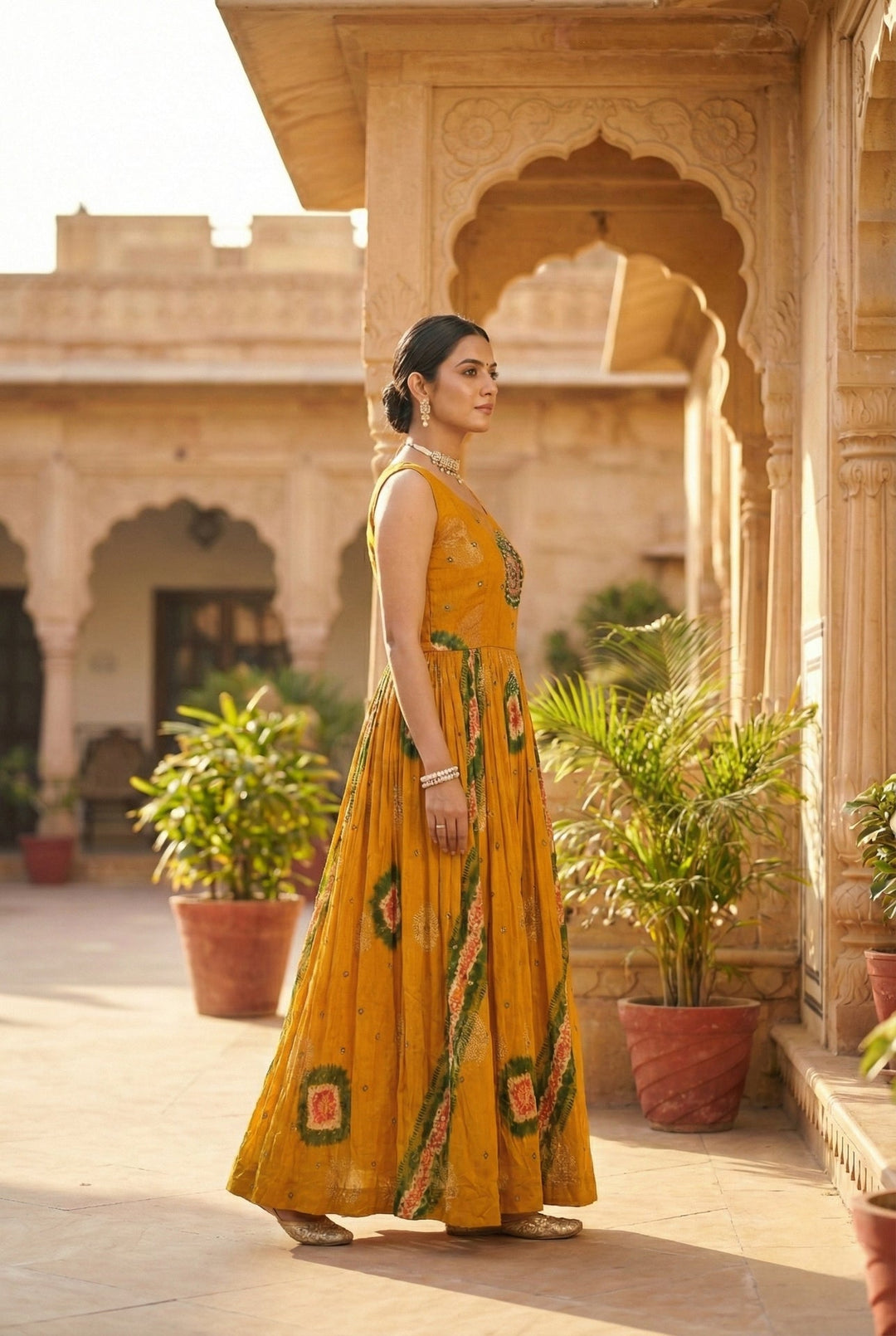 Neerus Gold chinon embellished ethnic dress - back view