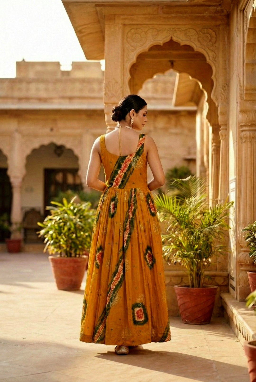 Neerus Gold chinon embellished ethnic dress - side view
