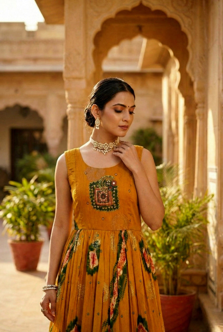 Neerus Gold chinon embellished ethnic dress - detail view 1