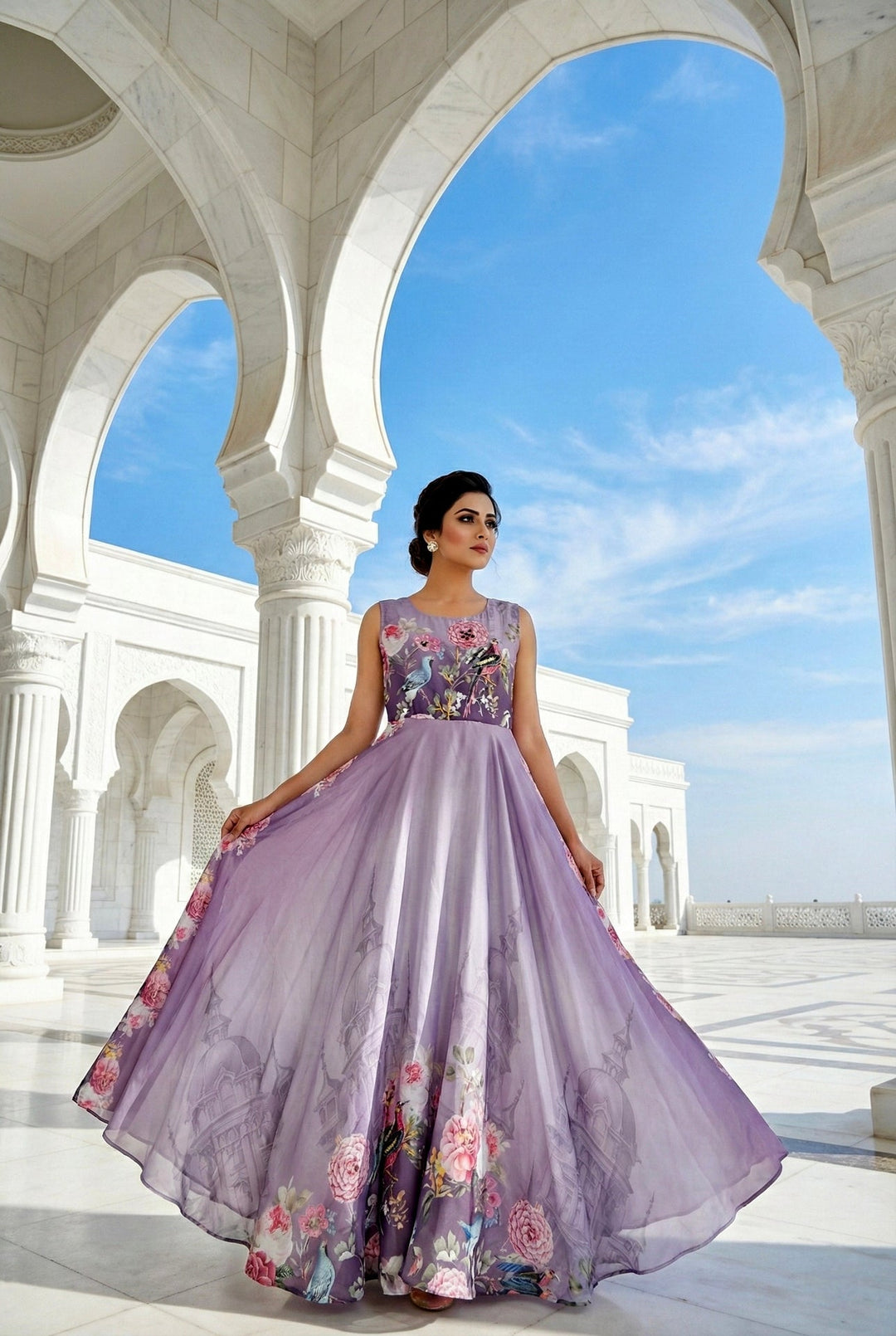 Neerus Purple crepe hand embroidered maxi dress - front view